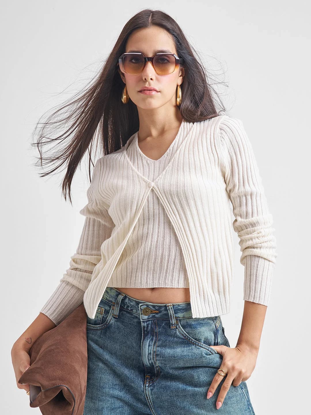 Women's Off White Casual Self-Design Slim Fit Sweater