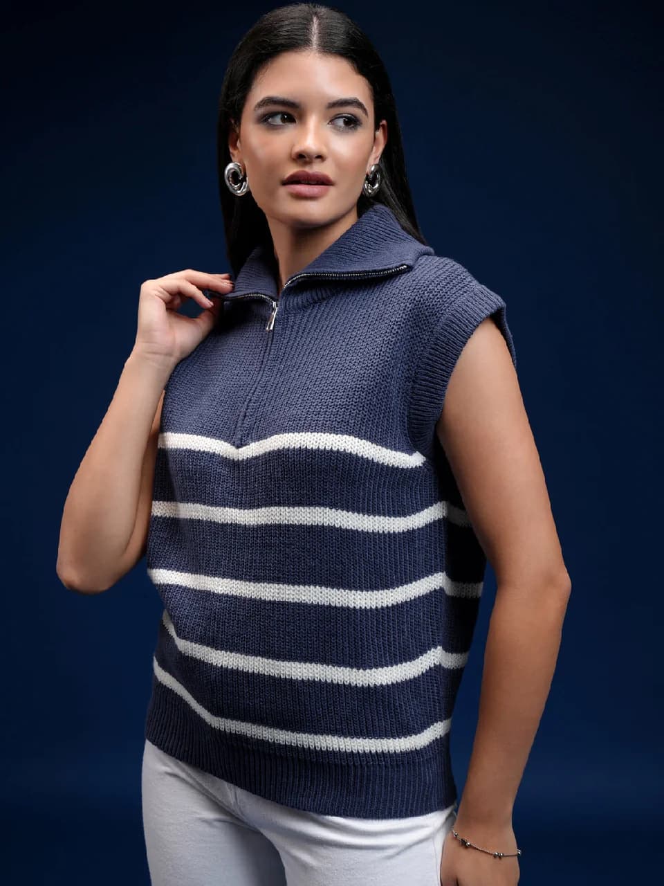 Women's Blue Casual Striped Oversized Fit Sweater