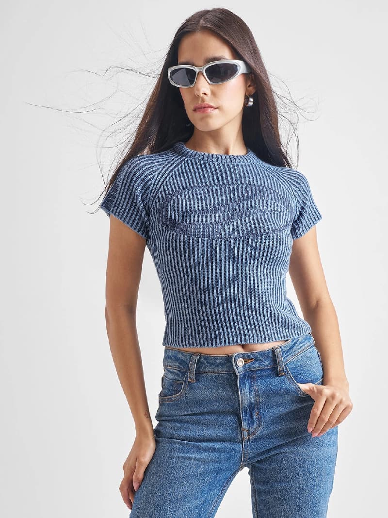 Women's Blue Casual Self-Design Skinny Fit Sweater