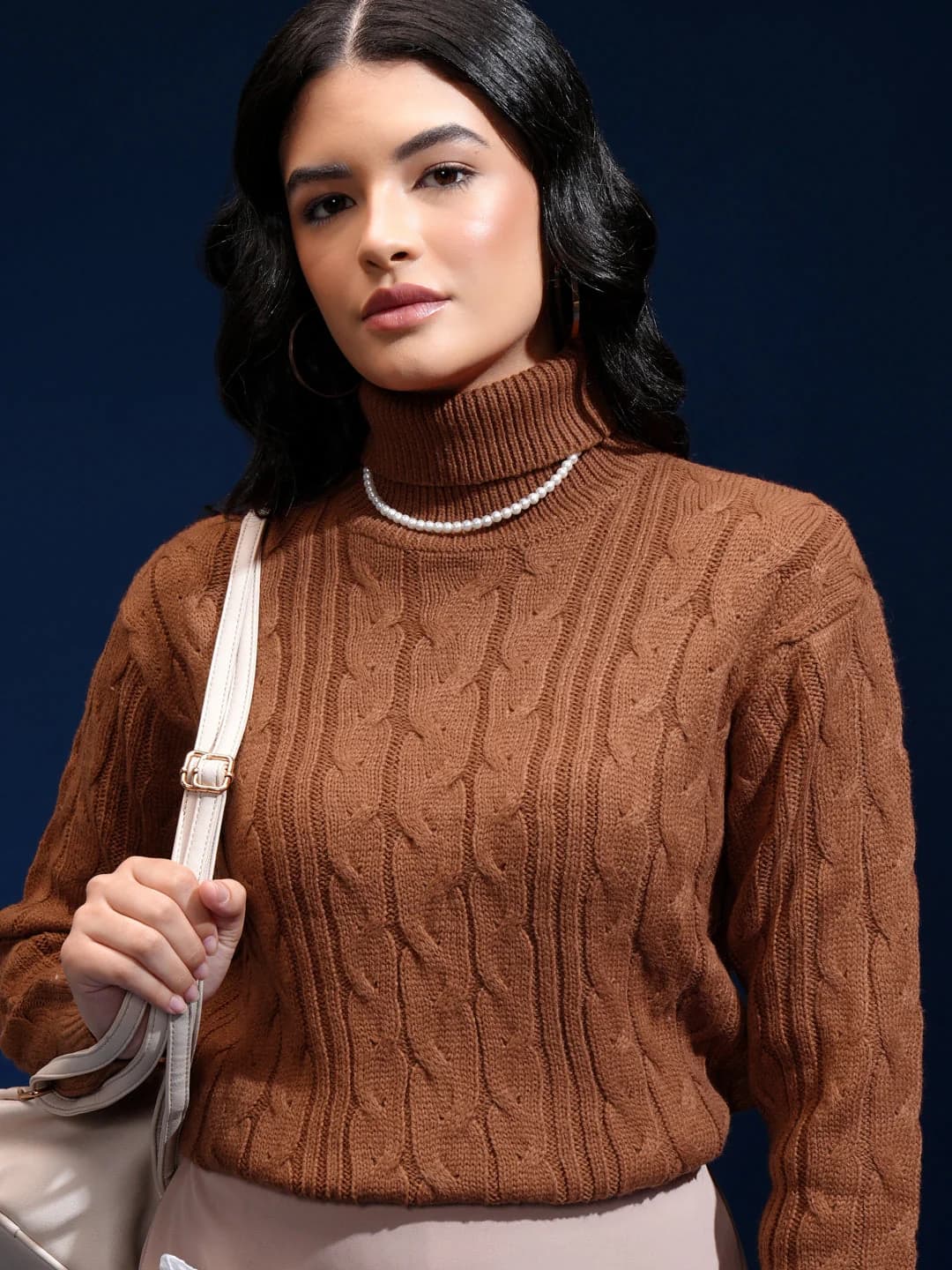Women's Brown Casual Self-Design Regular Fit Sweater