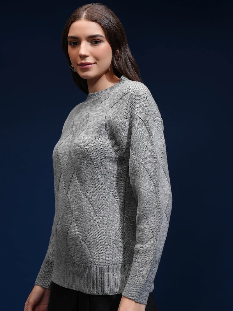 Women's Grey Casual Self-Design Oversized Fit Sweater
