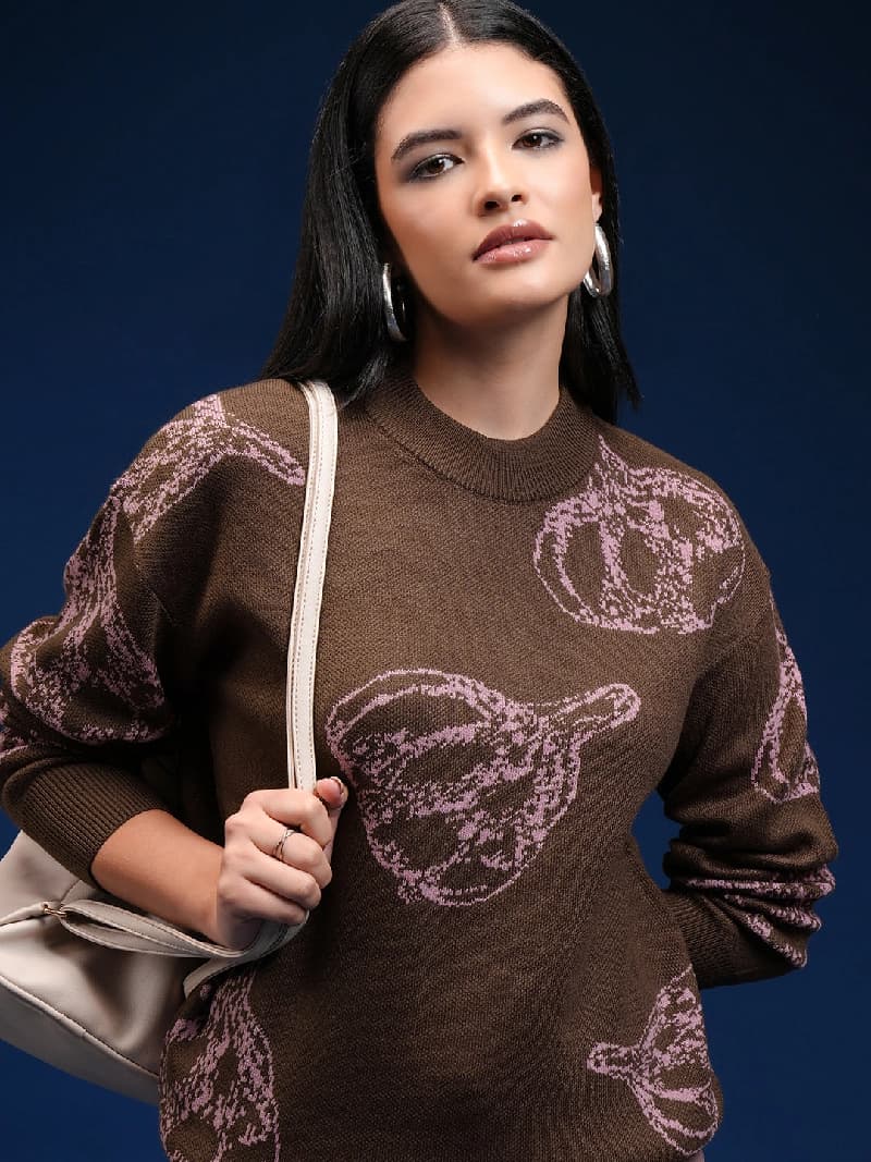 Women's Brown Casual Self-Design Oversized Fit Sweater