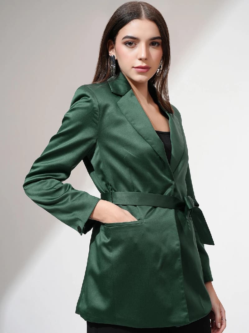Women's Green Casual Solid Regular Fit Blazer