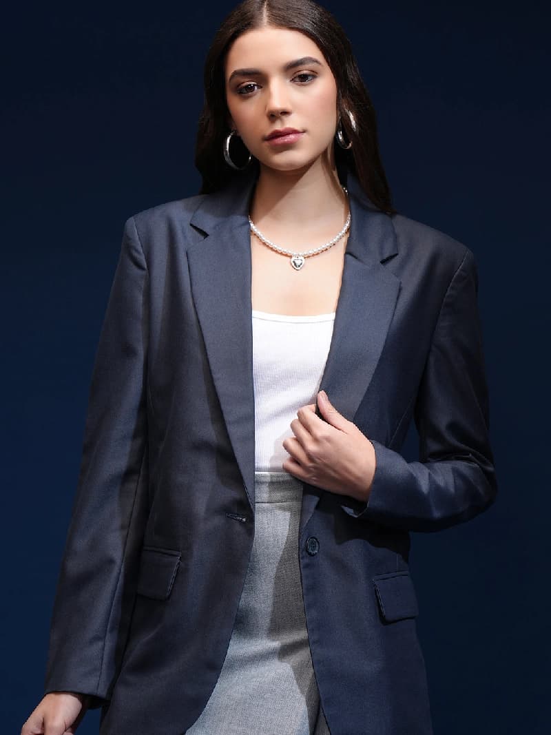 Women's Blue Casual Solid Regular Fit Blazer