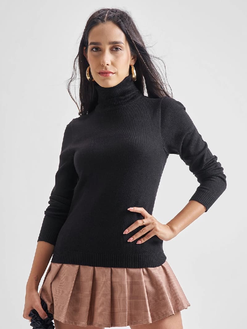 Women's Black Party Solid Regular Fit Sweater