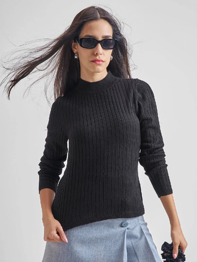 Women's Black Casual Self-Design Regular Fit Sweater