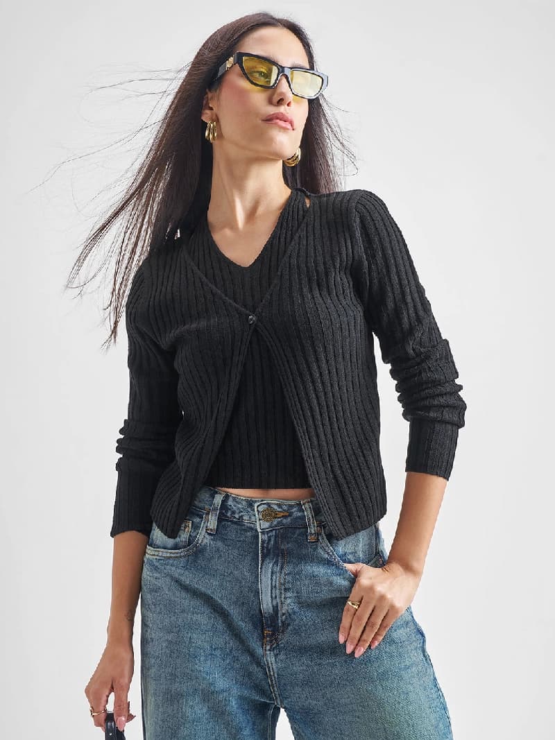 Women's Black Casual Self-Design Slim Fit Sweater