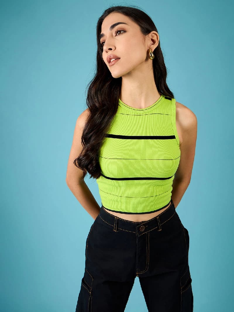 Women's Green Casual Stretchable Ribbed Sleeveless Crop Top