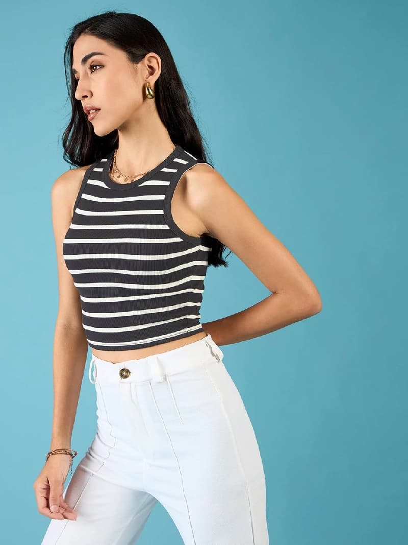 Women's Black Casual Stretchable Ribbed Sleeveless Crop Top