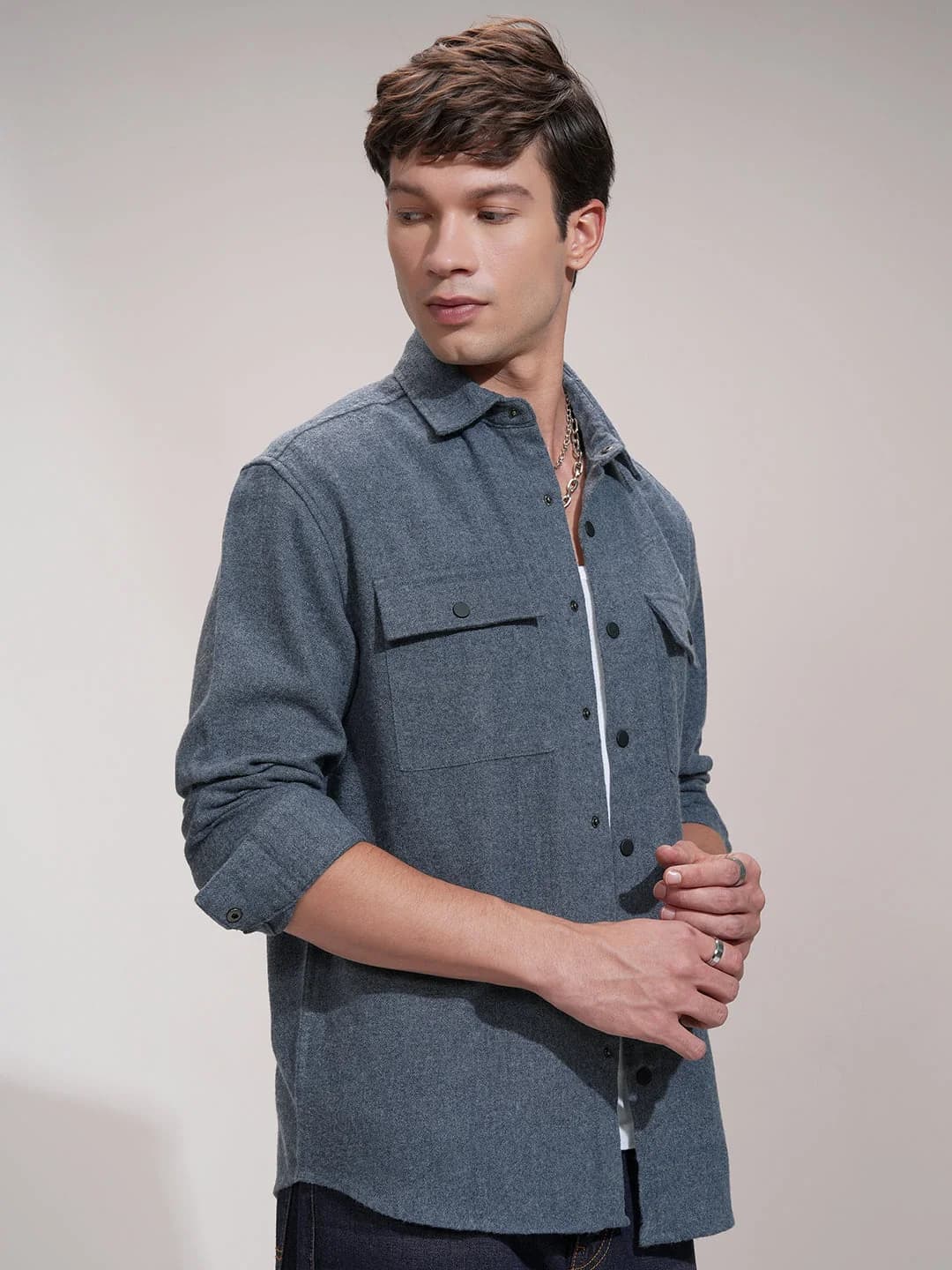 Men's Blue Casual Textured Slim Fit Cotton Shirt