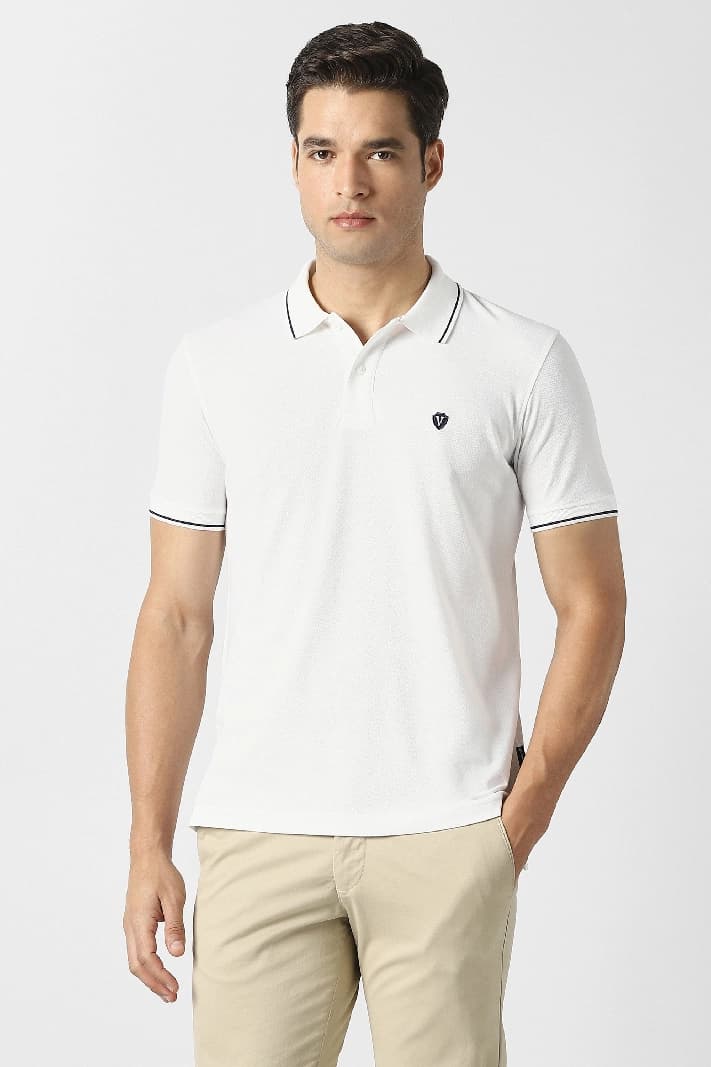 Men's White Casual Solid Regular Fit Polo Tshirt