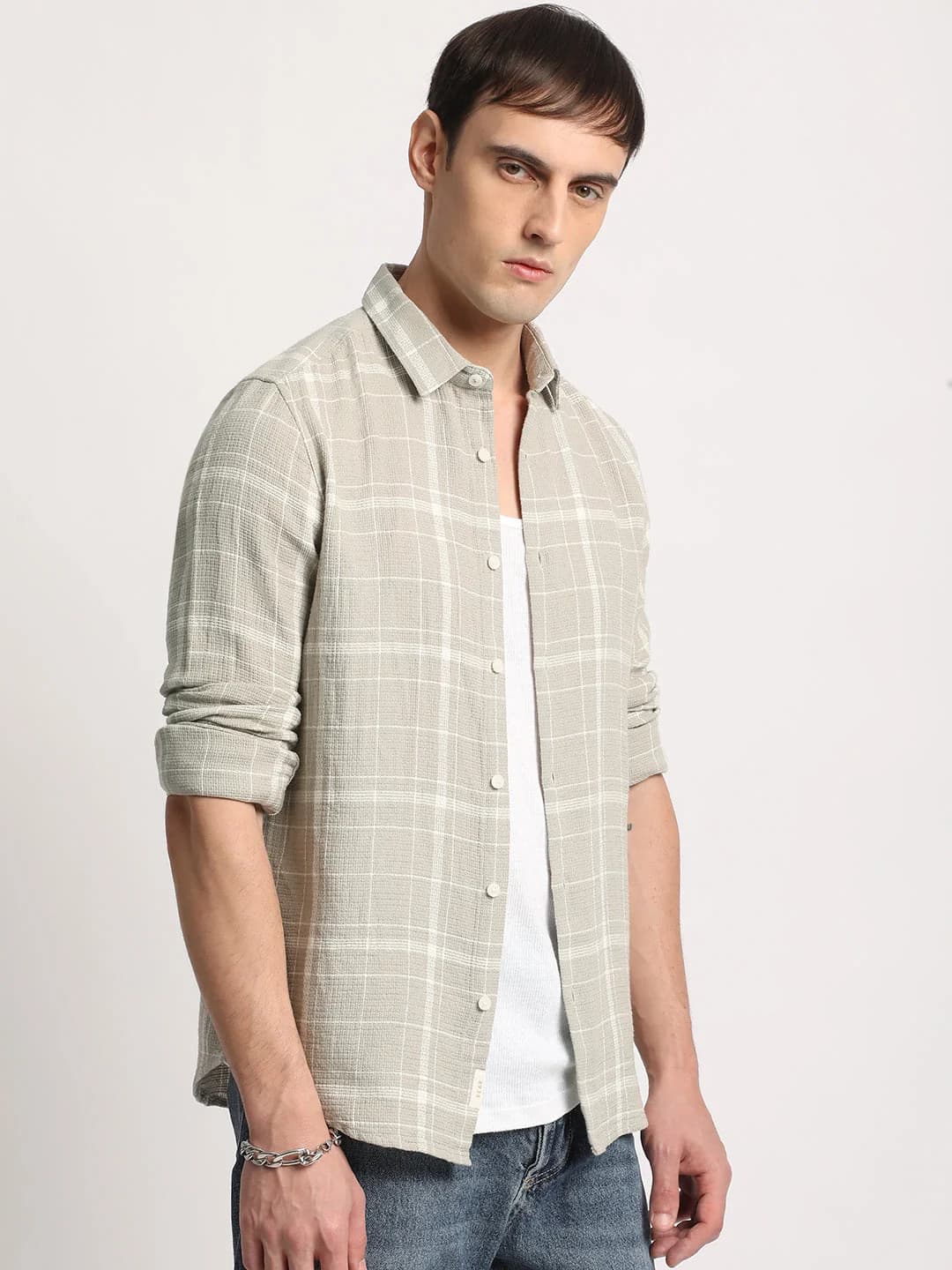 Men's Grey Casual Checked Slim Fit Cotton Shirt