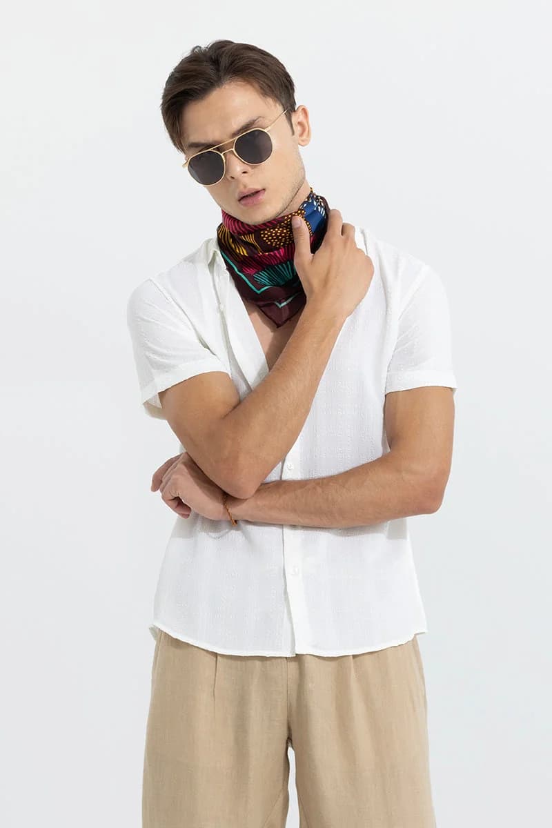 Men's White Casual Textured Slim Fit Cotton Shirt