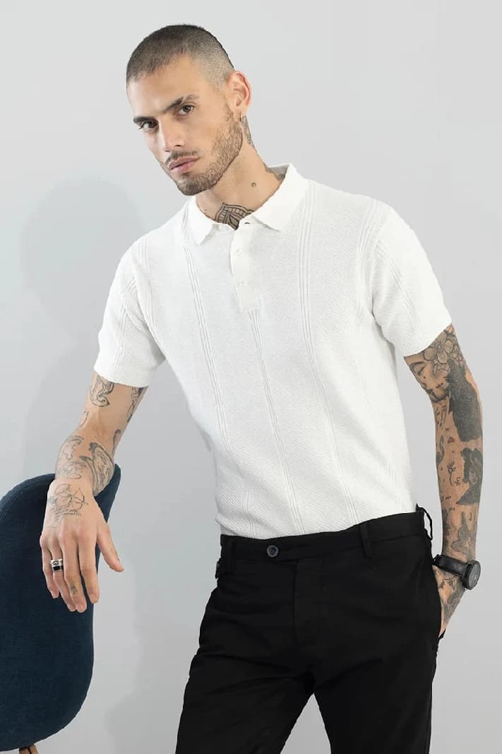 Men's White Casual Solid Slim Fit Polo Tshirt