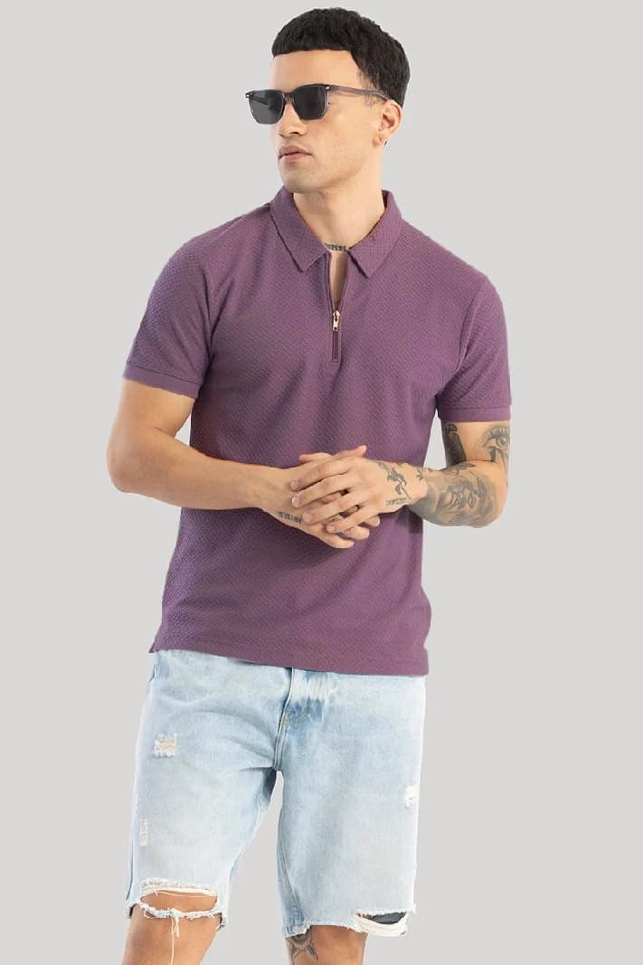 Men's Purple Casual Textured Slim Fit Polo Tshirt
