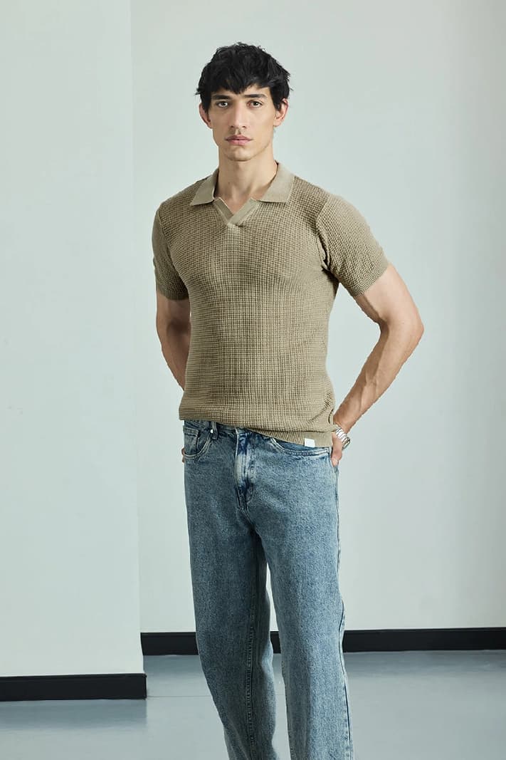 Men's Beige Casual Textured Slim Fit Polo Tshirt