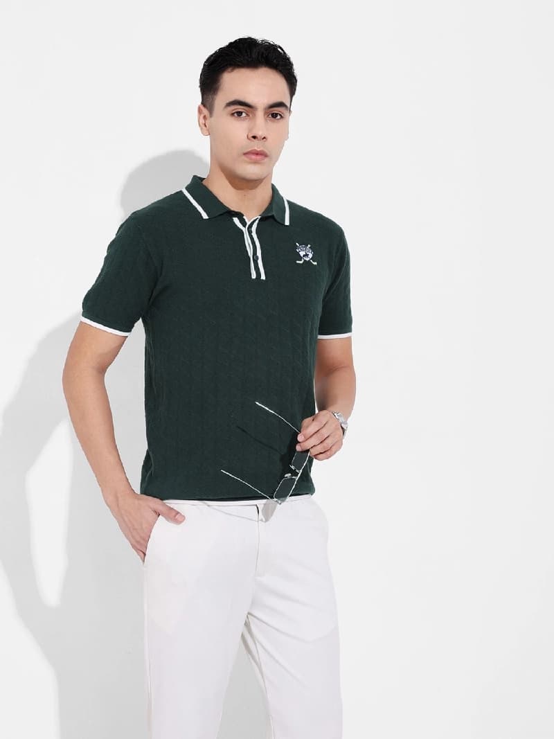 Men's Green Casual Textured Slim Fit Tshirt