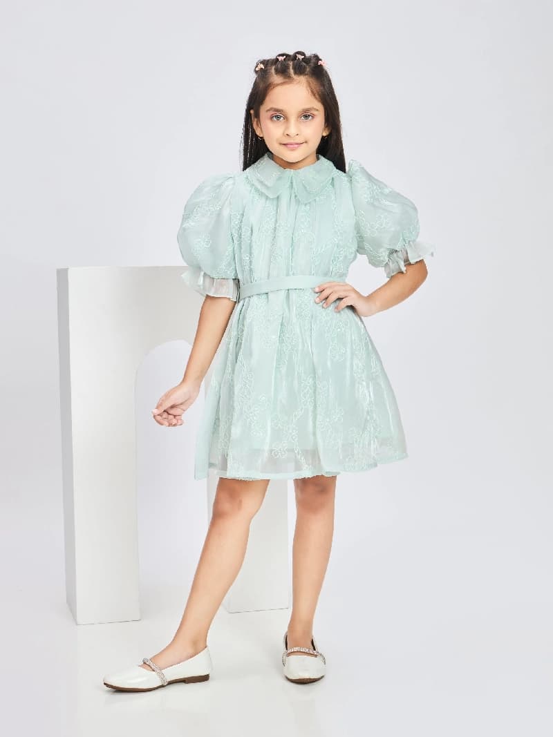 Girls Sea Green Festive Wear Shirt Collar Fit & Flared Dress with Belt