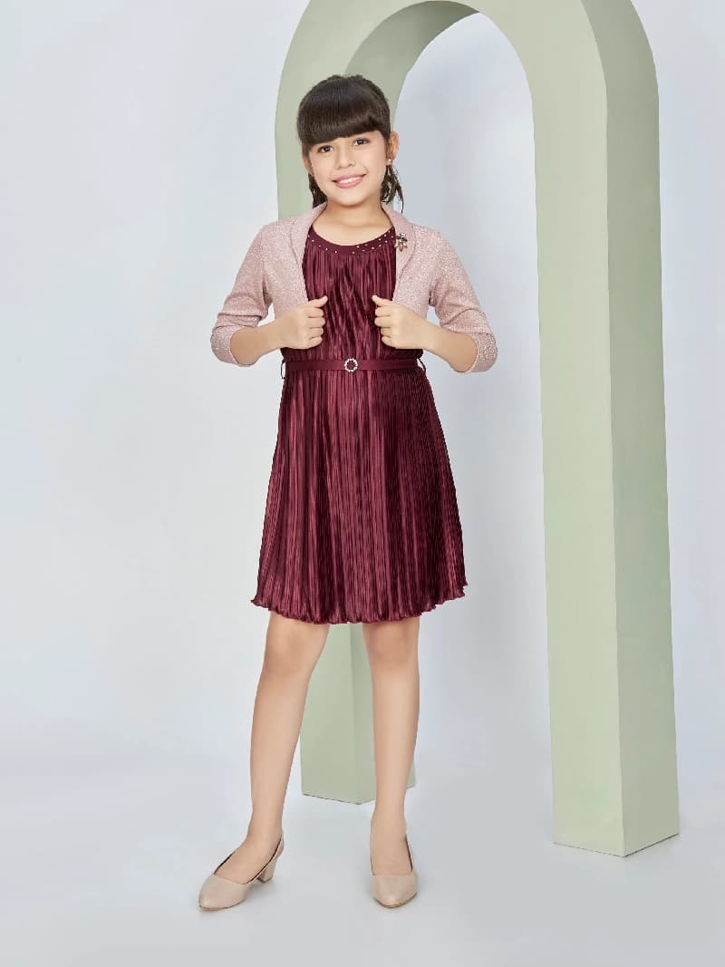 Girls Maroon Party Wear Shirt Collar Fit & Flared Dress with Shrug & Belt