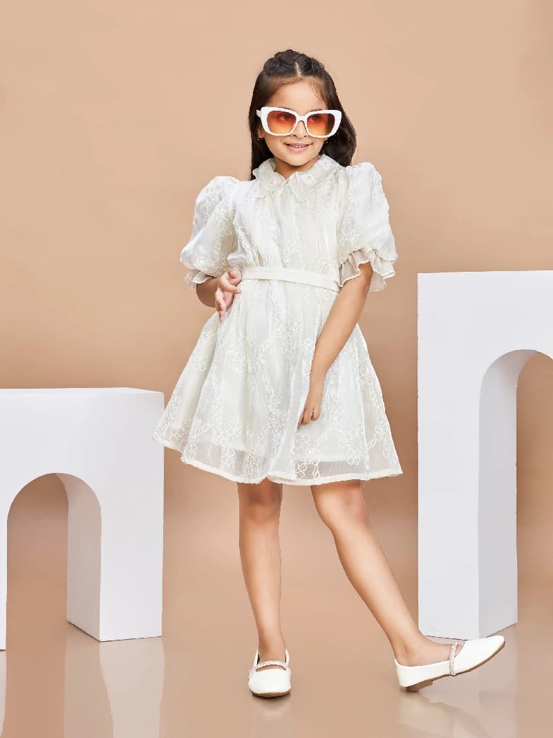 Girls Cream Festive Wear Shirt Collar Fit & Flared Dress with Belt