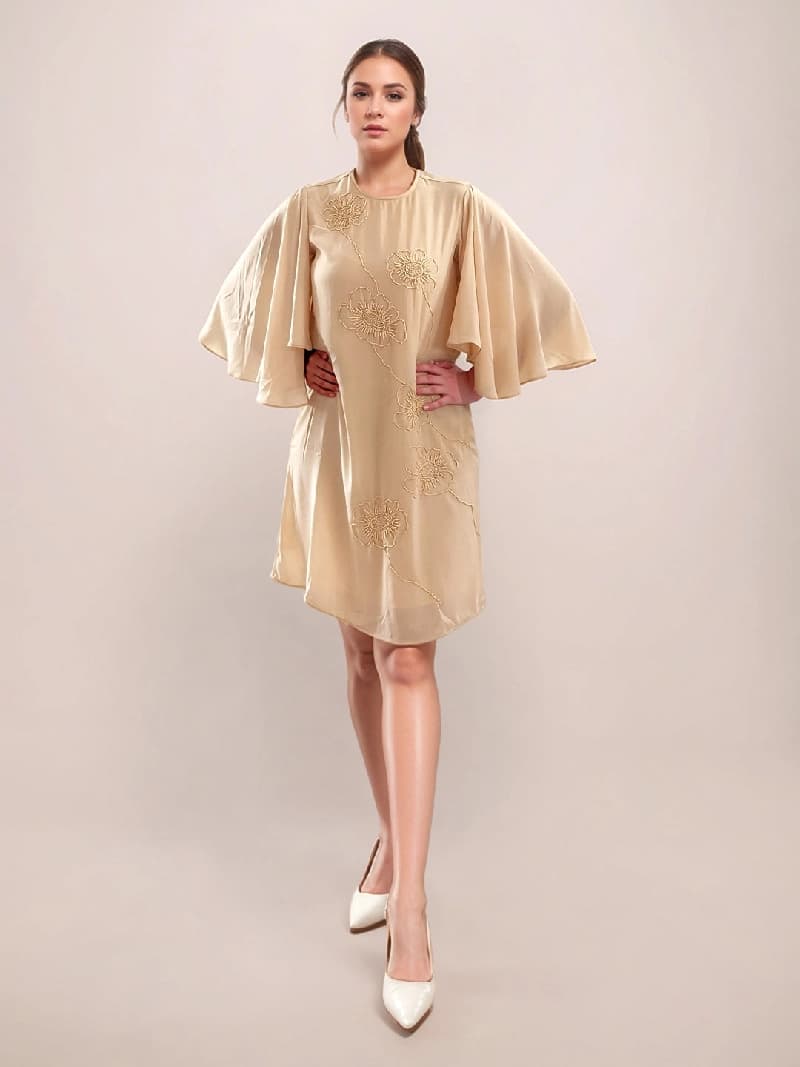 Women's Beige Festive Solid Shift Dress