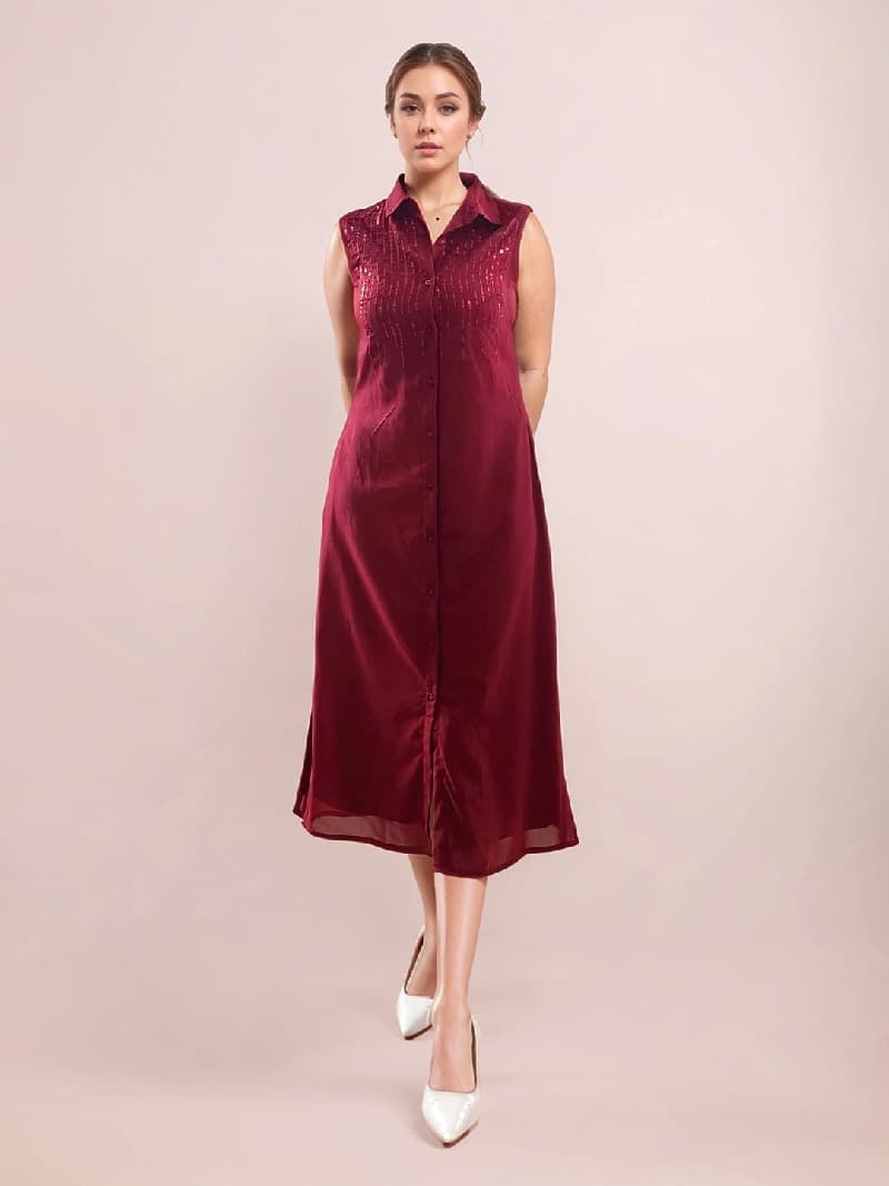 Women's Red Festive Solid A-Line Dress