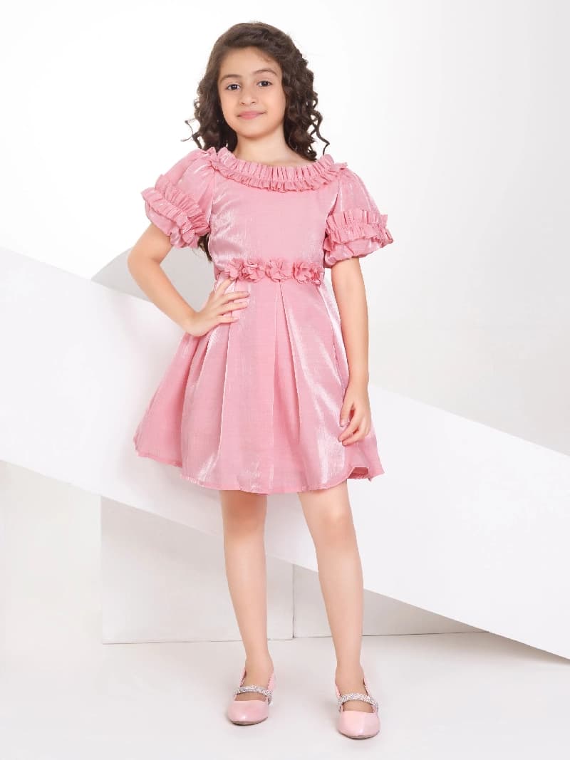 Girls Peach Party Wear Off Shoulder Fit & Flared Dress