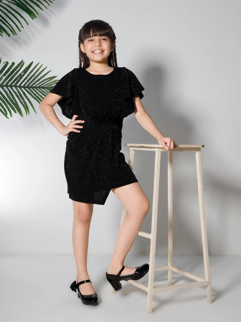 Girls Black Party Wear Round Neck Dress