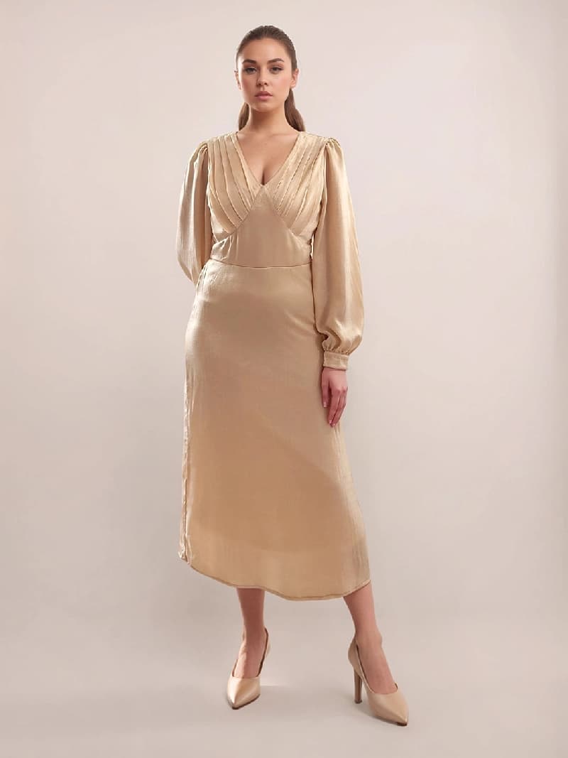 Women's Beige Festive Solid Sheath Dress