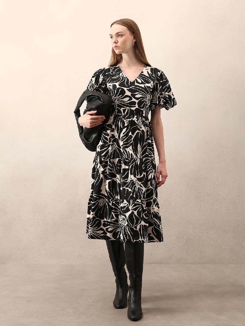 Women's Black Casual Printed Dress