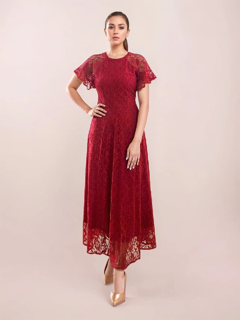 Women's Red Festive Solid Dress
