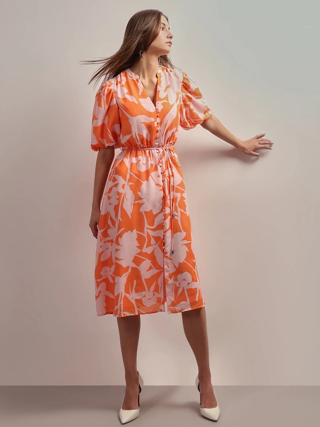 Women's Orange Casual Printed Dress