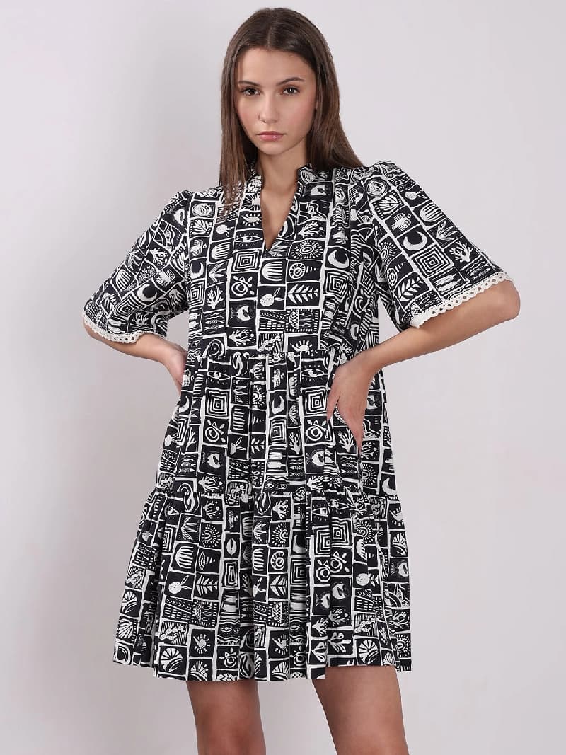 Women's Black Casual Printed Dress