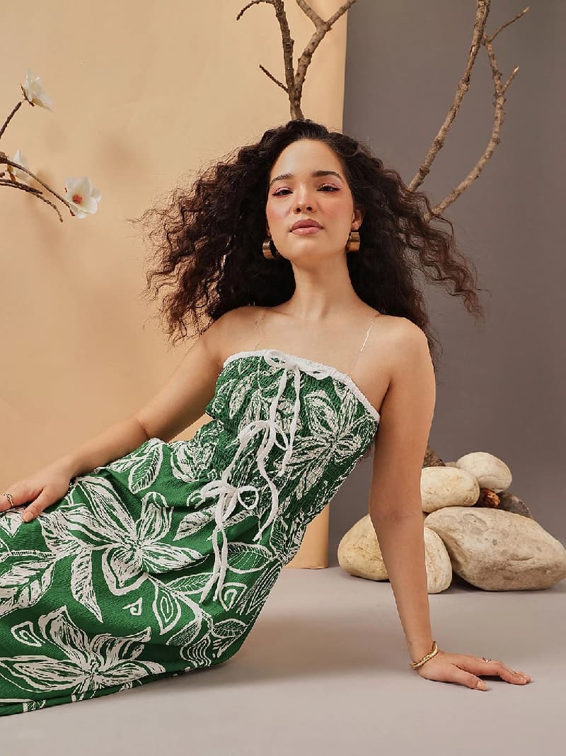 Women's Green Casual Floral Sleeveless Dress