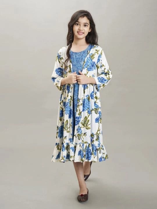 Girls Blue & White Floral Printed Three Quarter Sleeves Dress