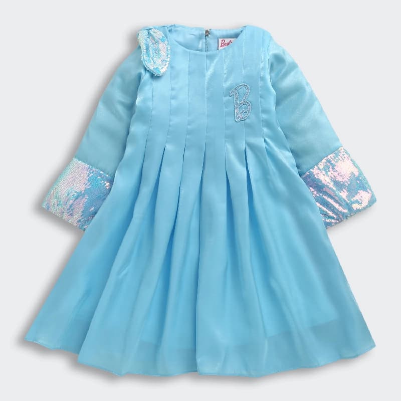 Girls Sky Blue Party A-Line Full Sleeves Dress