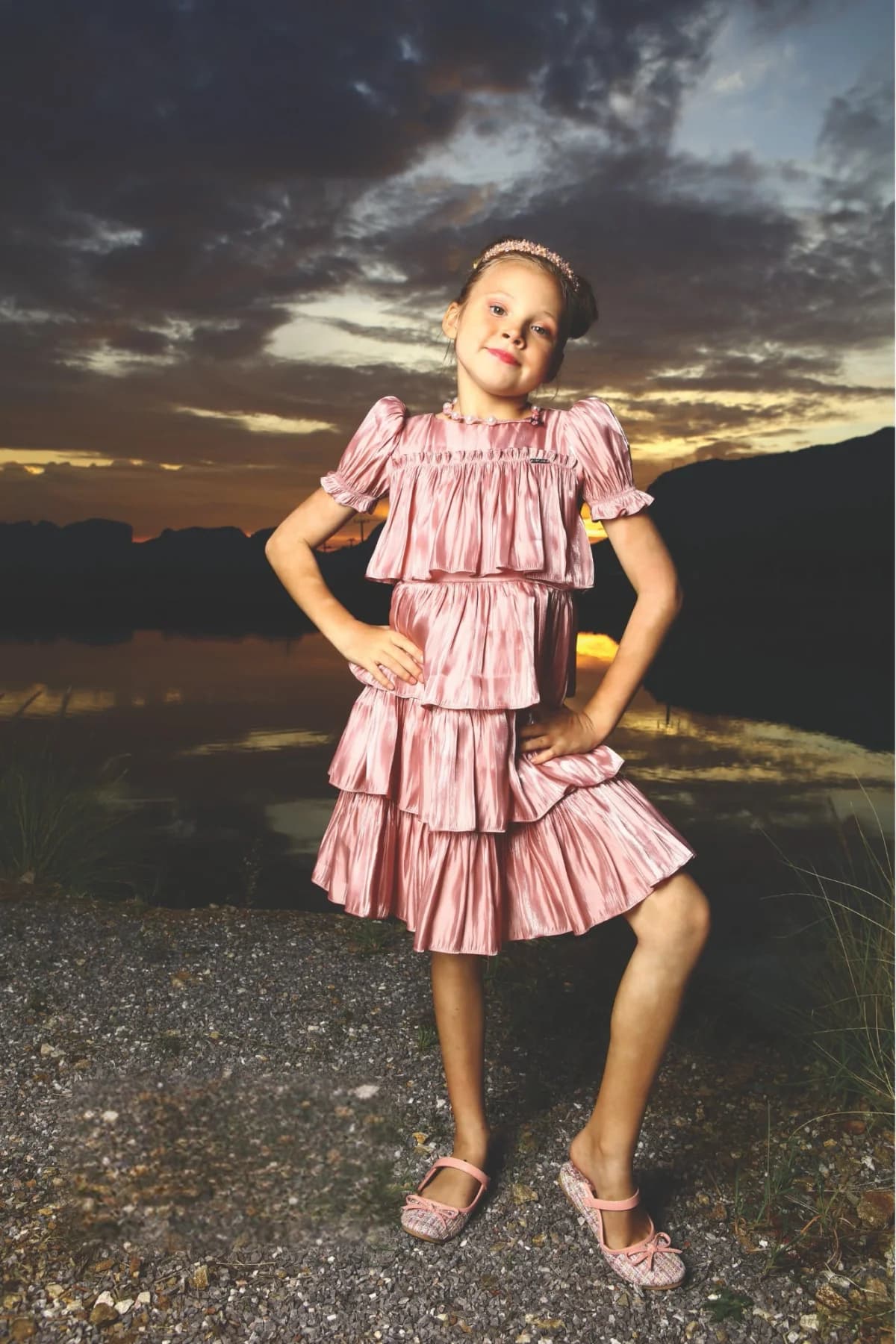 Girls Onion Pink Party A-Line Half Sleeves Dress