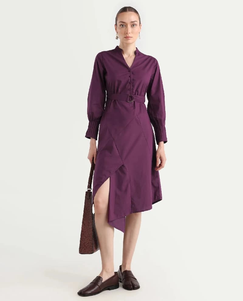 Women's Iona Purple Cotton Mandarin Collar Plain Cuffed Sleeve Midi Fit And Flared Dress