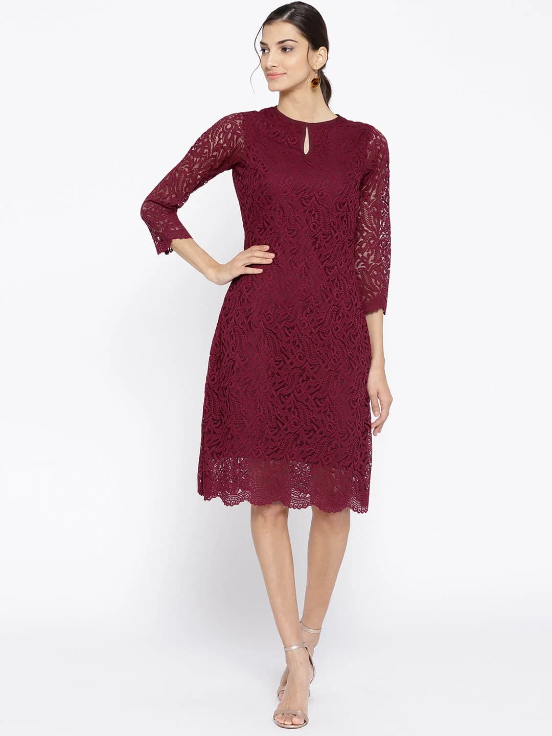 Women's Red Formal Self-Design Regular Fit Dress