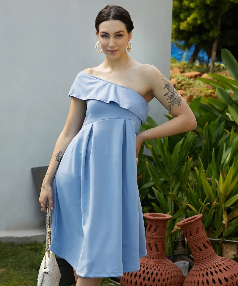 Women's Blue Party Solid Regular Fit Dress