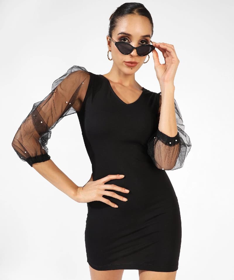Women's Black Party Solid Skinny Fit Dress