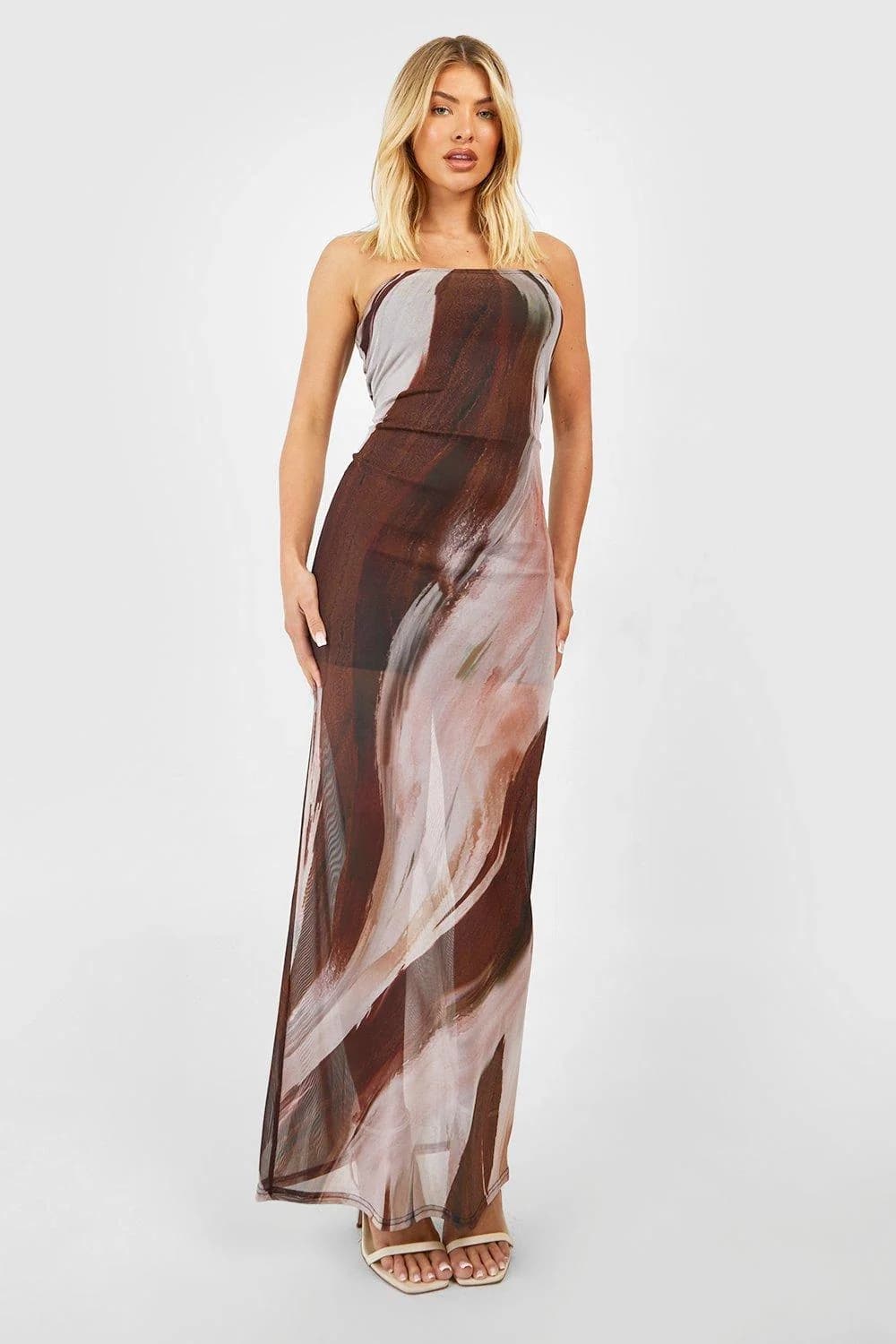 Women's Brown Party Printed Skinny Fit Dress