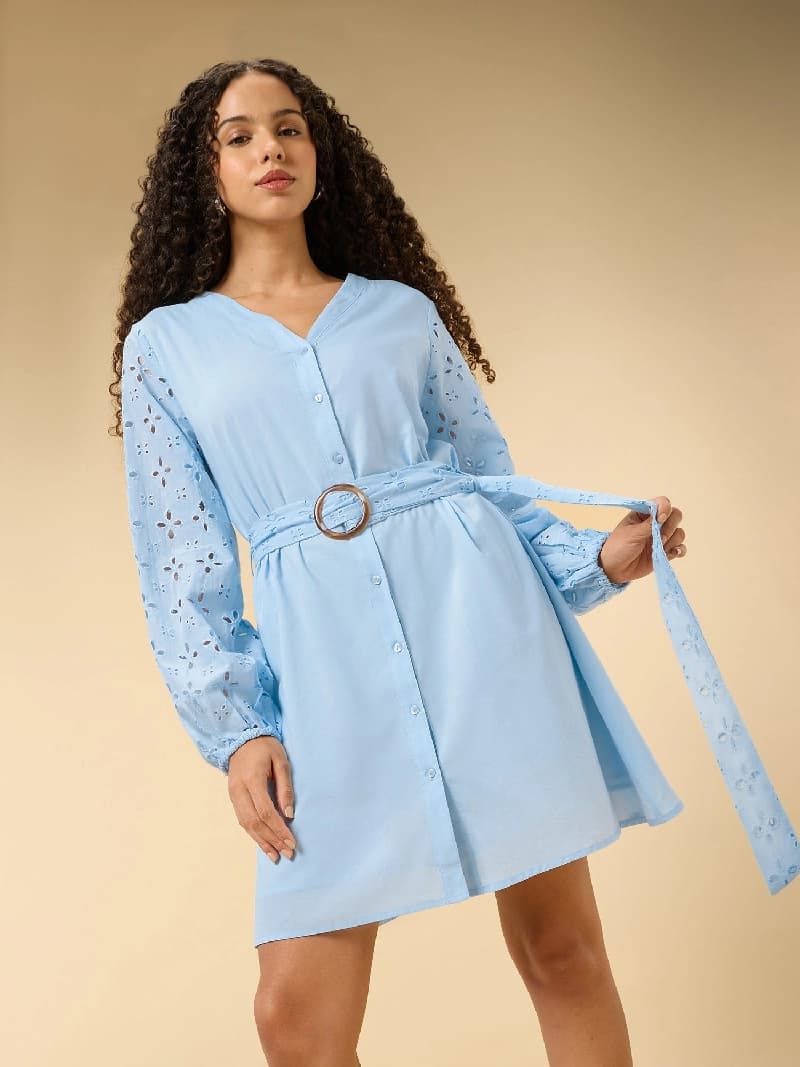 Women's Blue Formal Solid Regular Fit Dress