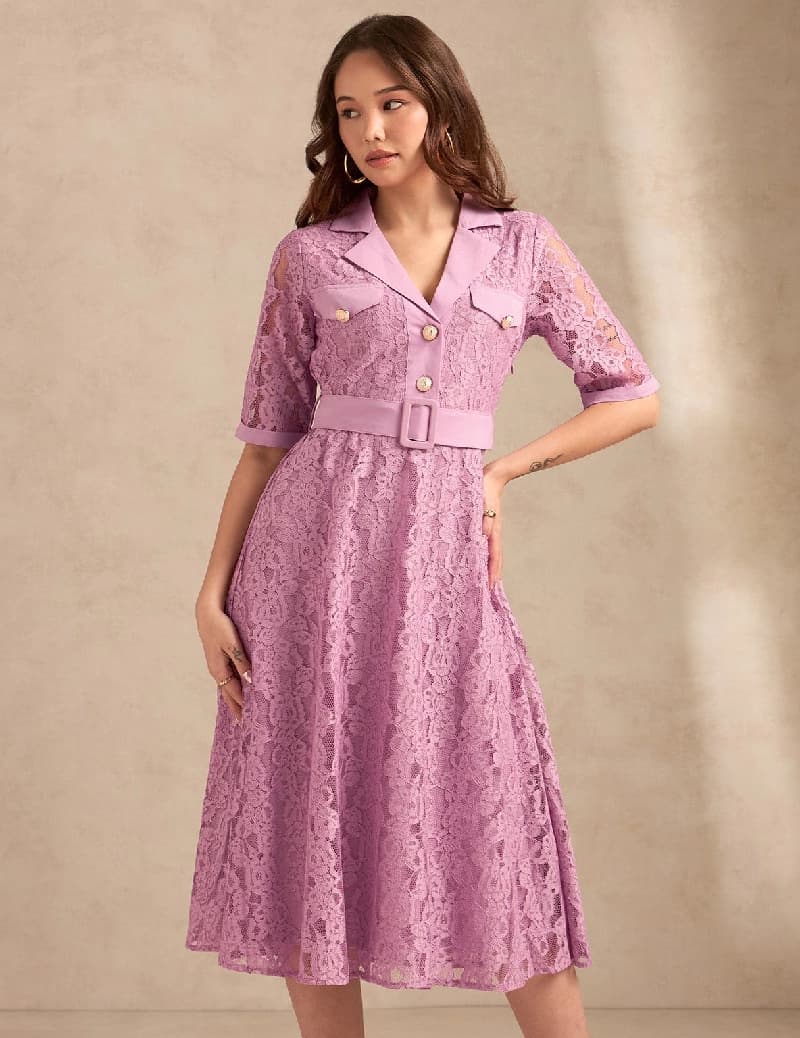Women's Purple Casual Self-Design Regular Fit Dress