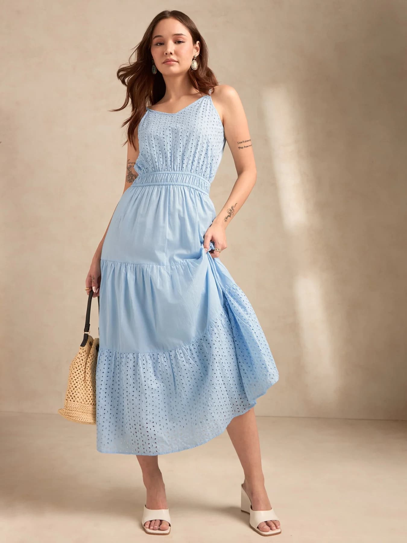 Women's Blue Casual Self-Design Regular Fit Dress