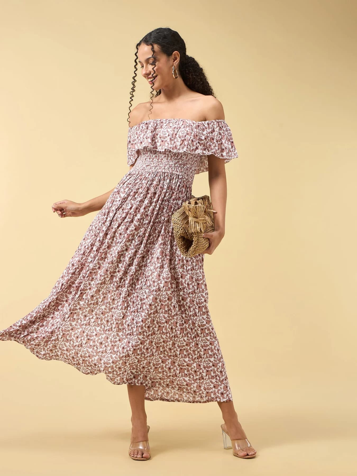 Women's Beige Casual Floral Regular Fit Dress