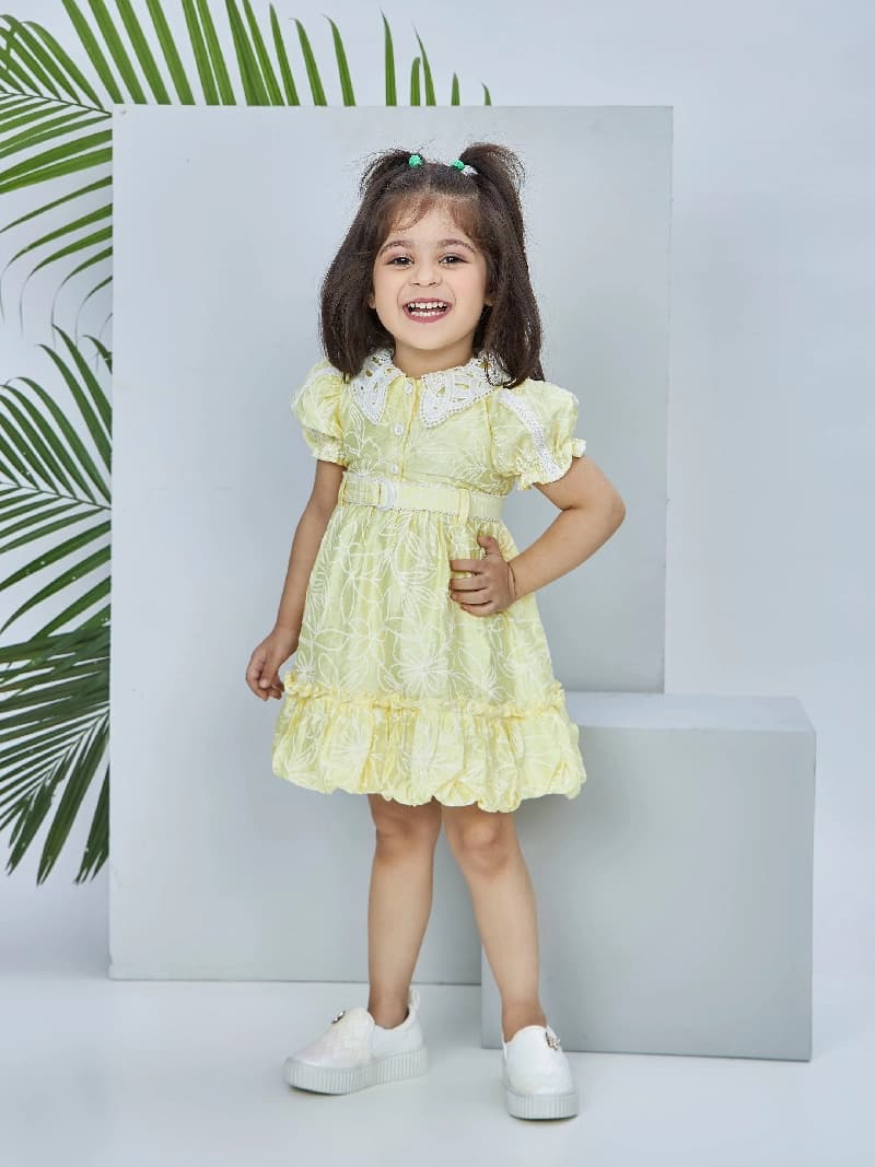 Girls Yellow Casual Half Sleeves Dress with Belt