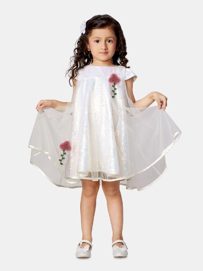 Girls Off White Party Half Sleeves Dress
