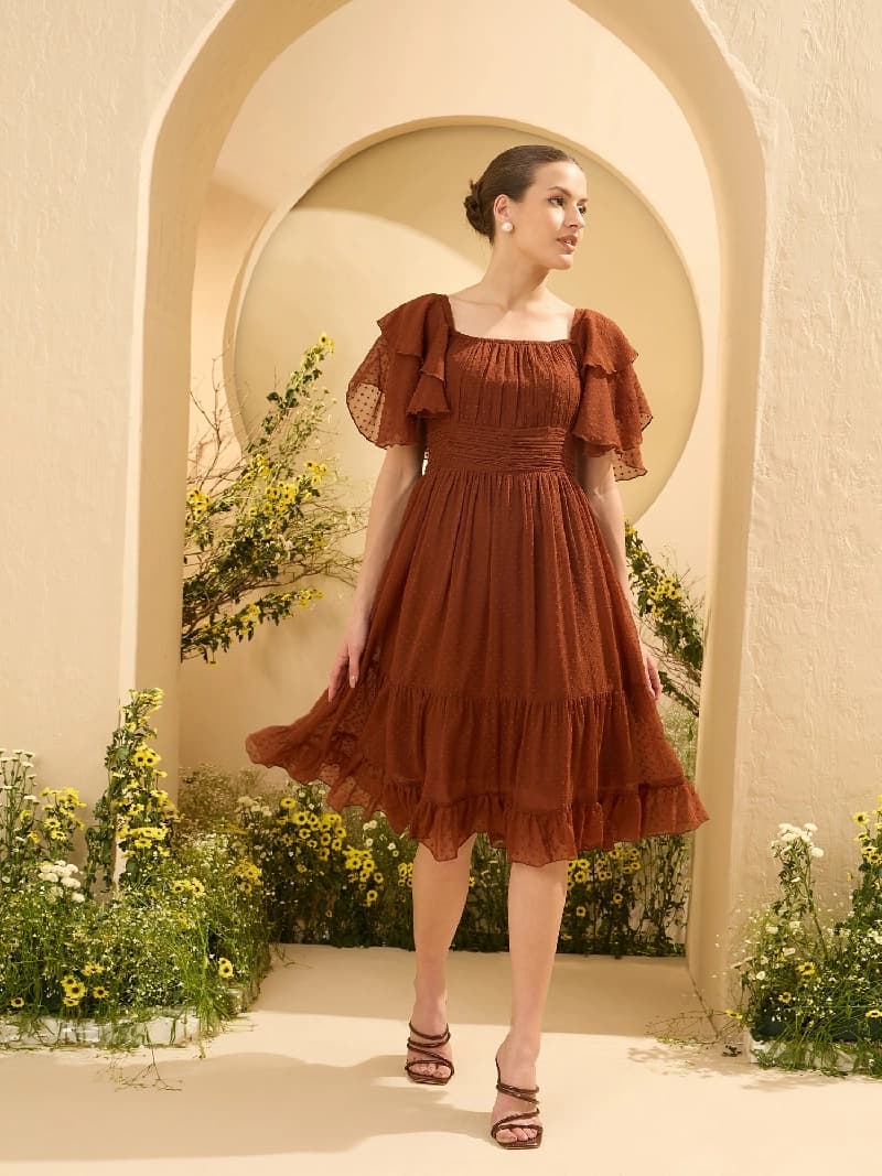 Women's Brown Chiffon Tiered Fit and Flare Party Dress