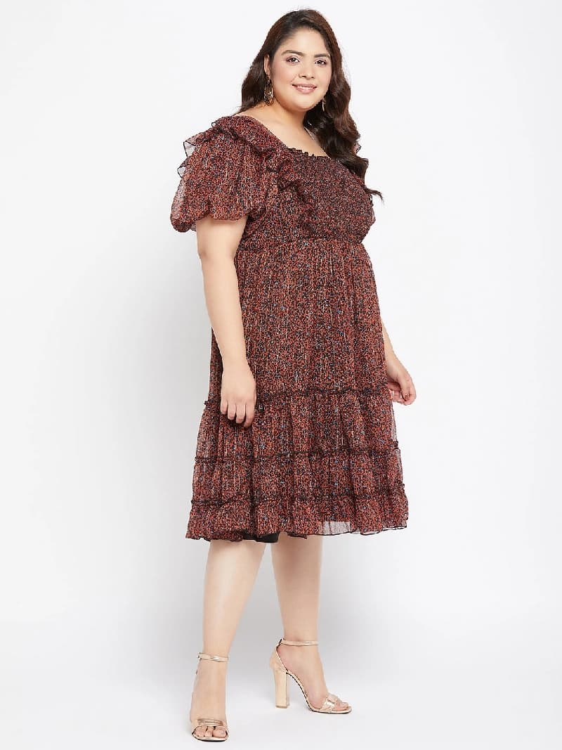 Women's Black and Orange Smocked Chiffon Midi Party Dress